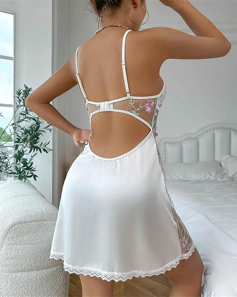 Women's Floral Eyelet Embroidery Lace Edge Satin V-Neck Suspender Nightdress