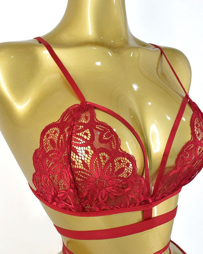 Women's Floral Lace Sexy Adjustable Strap Bra and Thong Set