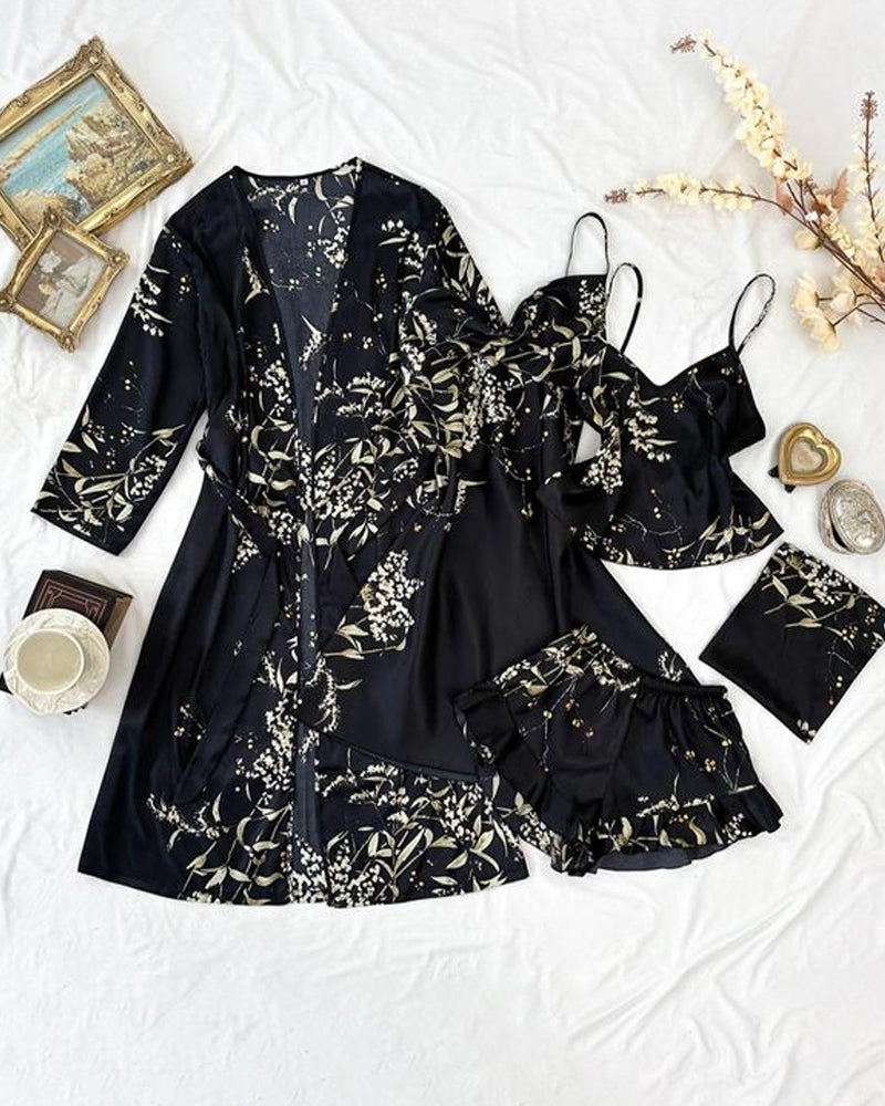 Women's Satin Printed Suspender Top Shorts Suspender Dress Nightgown Home Clothes Five-Piece Set