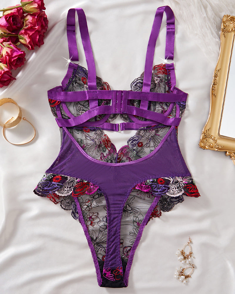 Colorful Flower Embroidery Sexy Lace Underwire Gathered Mesh Bodysuit