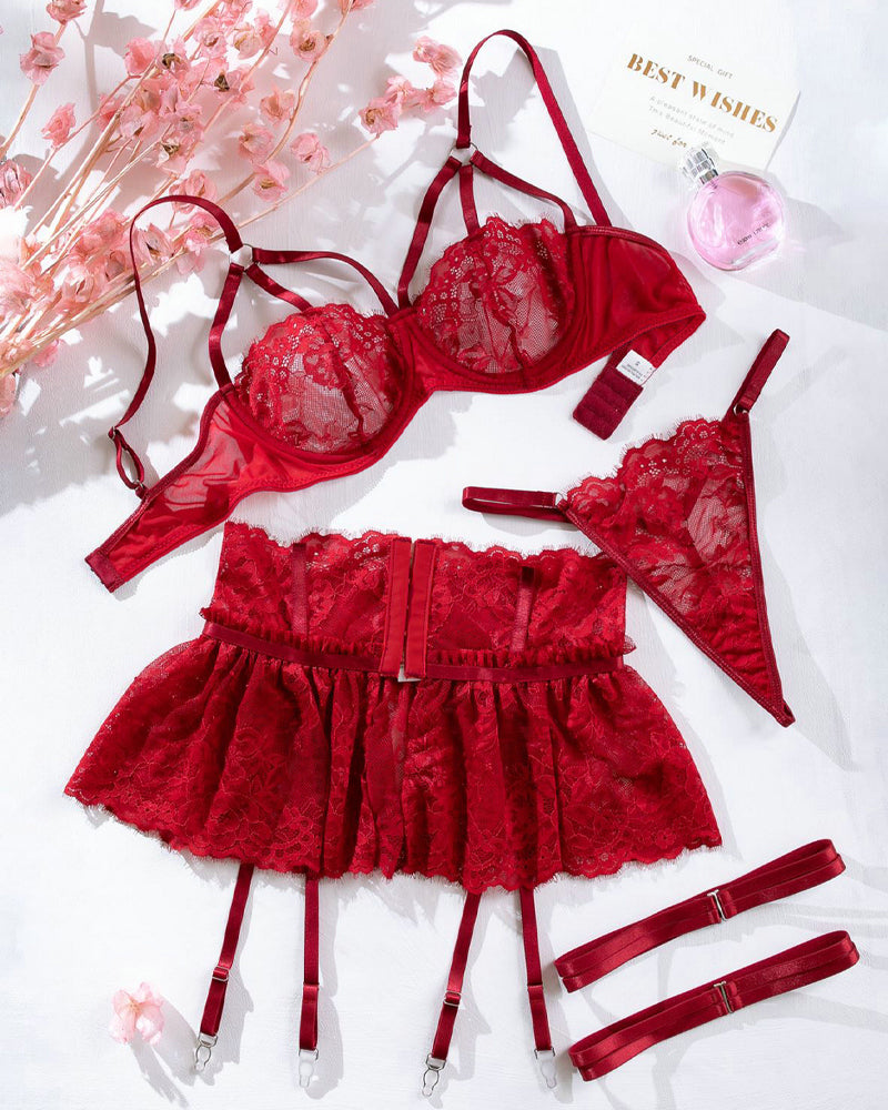 Sexy Lace Skirt Splicing Pajamas Three-Piece Set