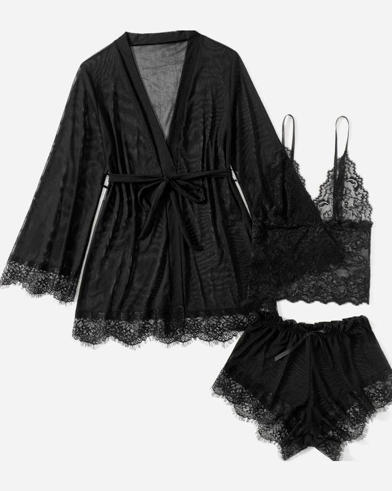 Sexy Lace Tulle Pajamas Three-piece Set