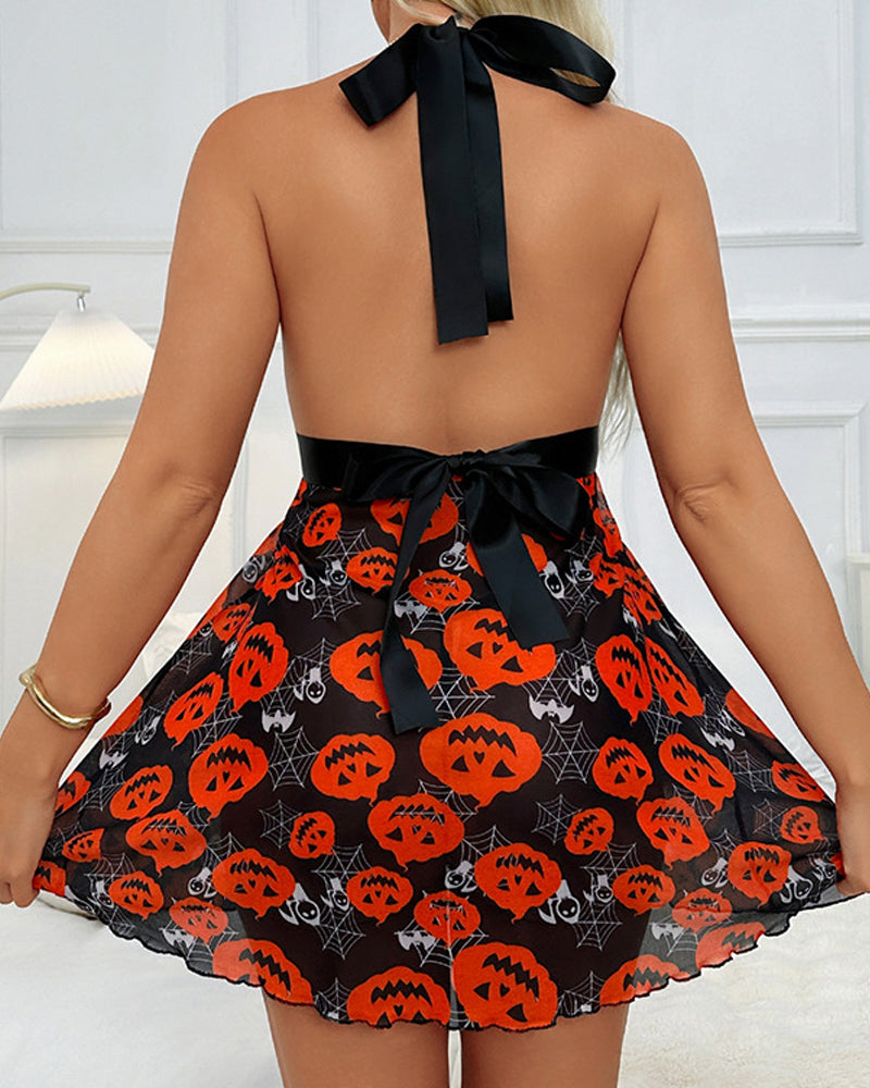 Deep V Halterneck Lace Sexy Mesh Halloween Christmas Print Nightdress
