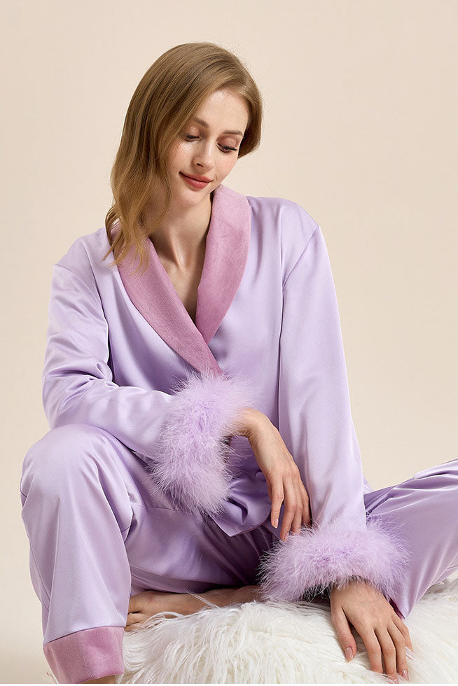 Feather Trim Red Pyjamas Set