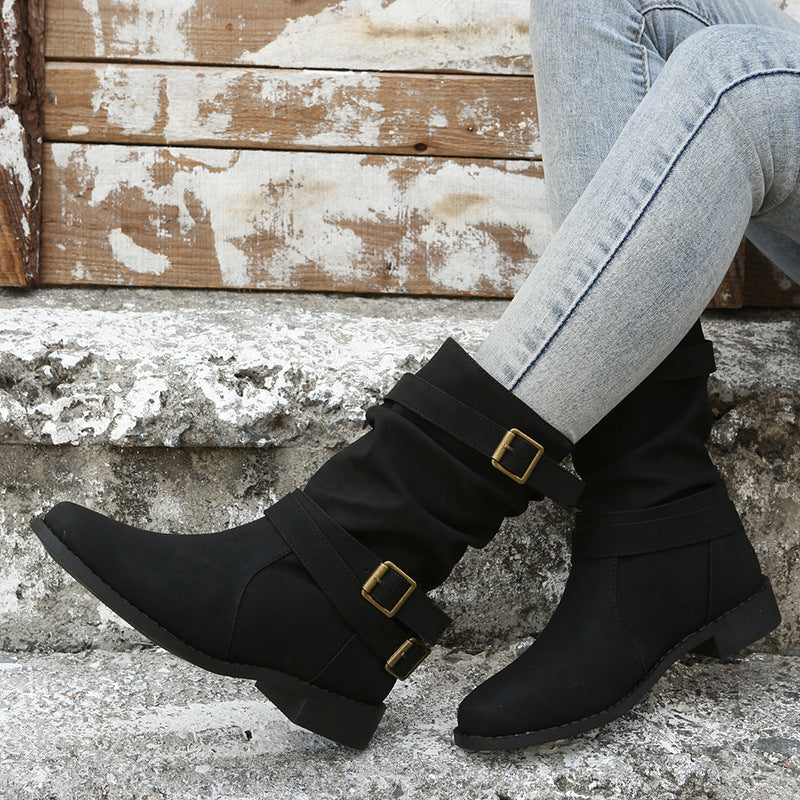 Sloane Luxe Slouch Boots – Buckle-Accented Mid-Calf Flat Boots