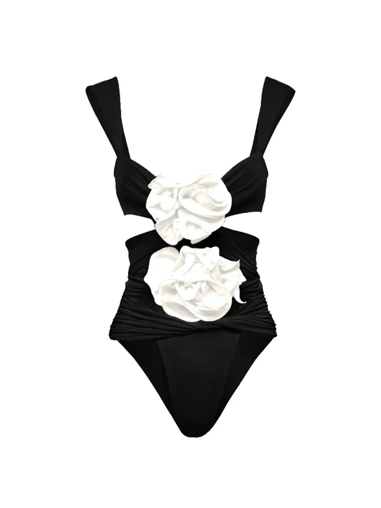 3D Floral Black Swimsuit Set