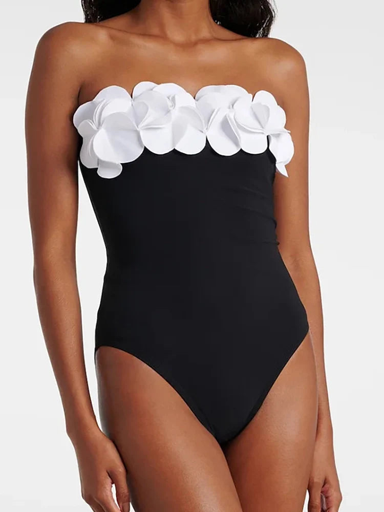 3D Floral Strapless Black Swimsuit