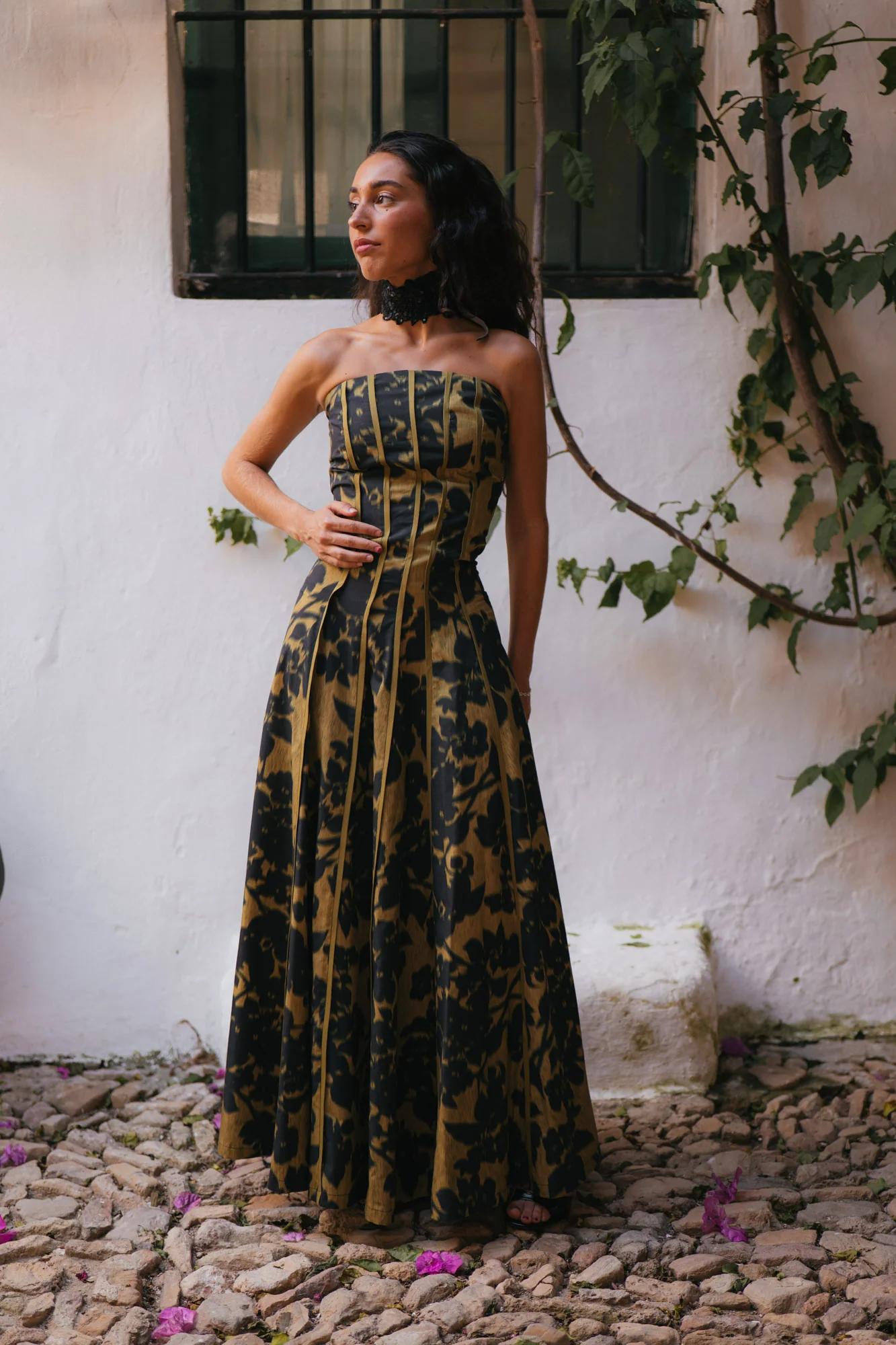 Vintage Print Strapless Maxi Dress