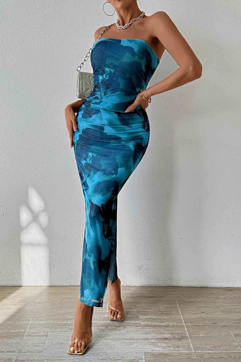 Rose Print Backless Dress – Ruched Bodycon with Romantic Floral Vibe