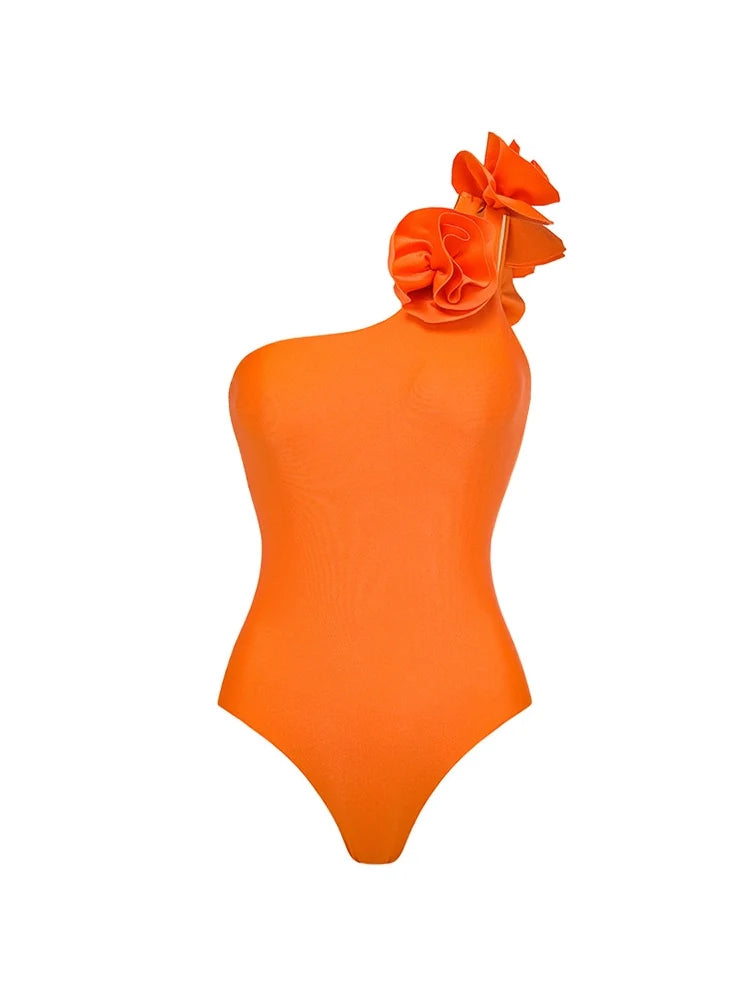 3D Floral Glossy Solid Swimsuit Set