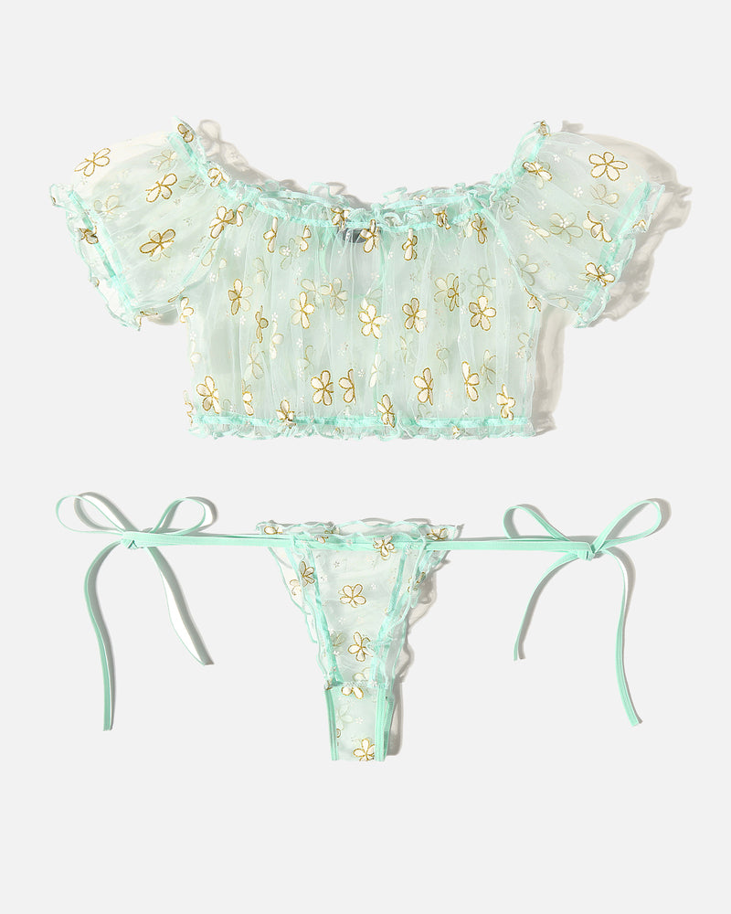 Floral Mesh Ruffle Lingerie Set