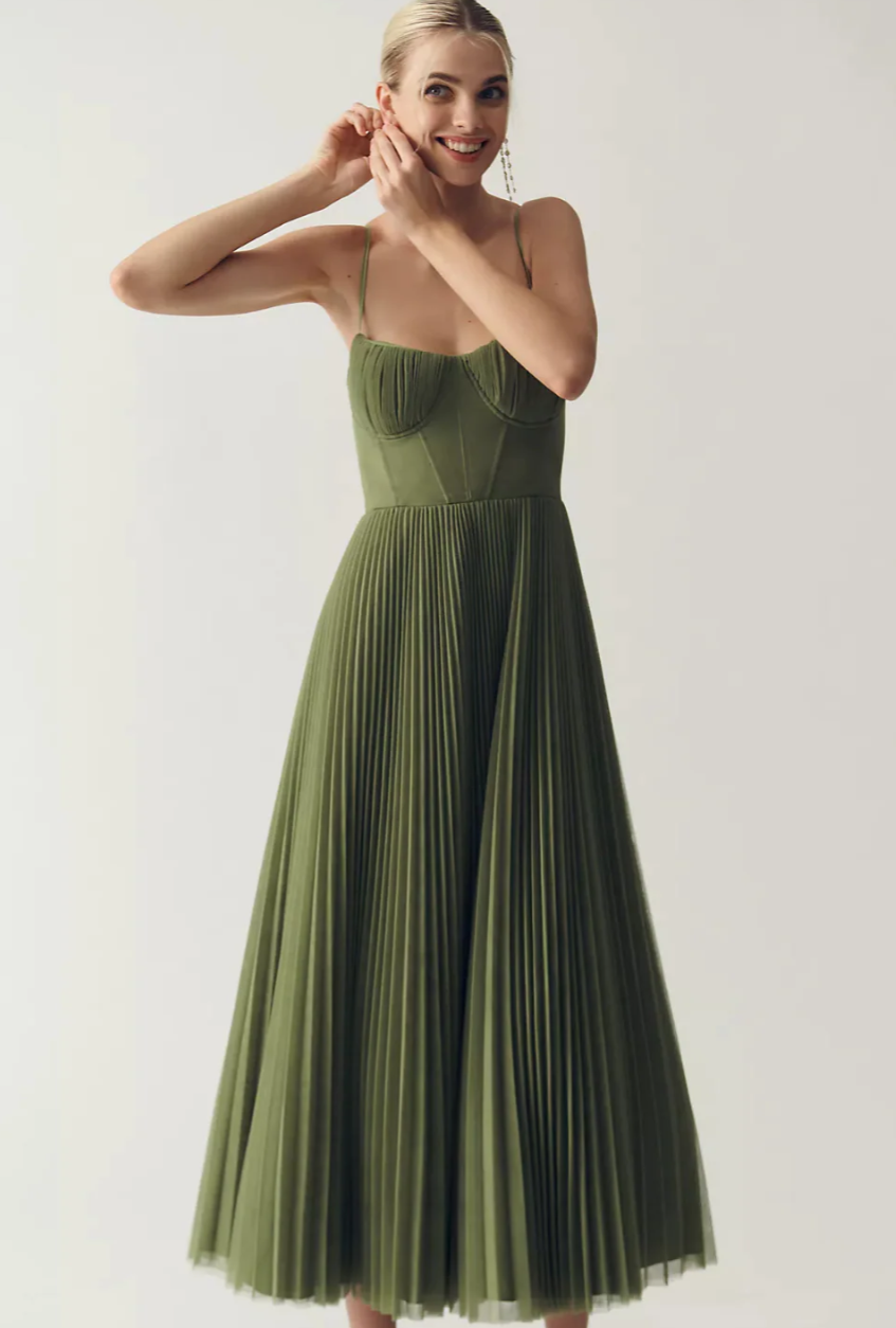 Bustier Pleated Tulle Fit & Flare Midi Dress