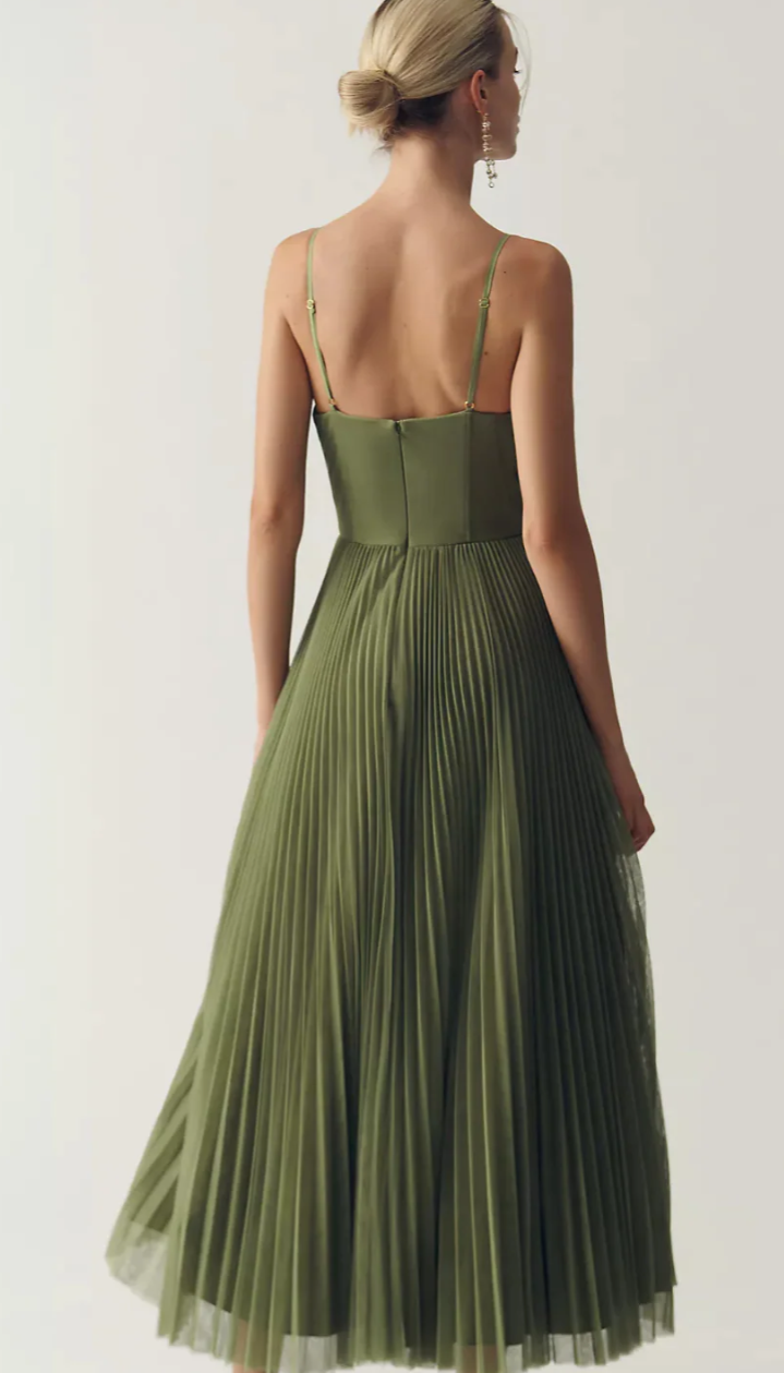 Bustier Pleated Tulle Fit & Flare Midi Dress