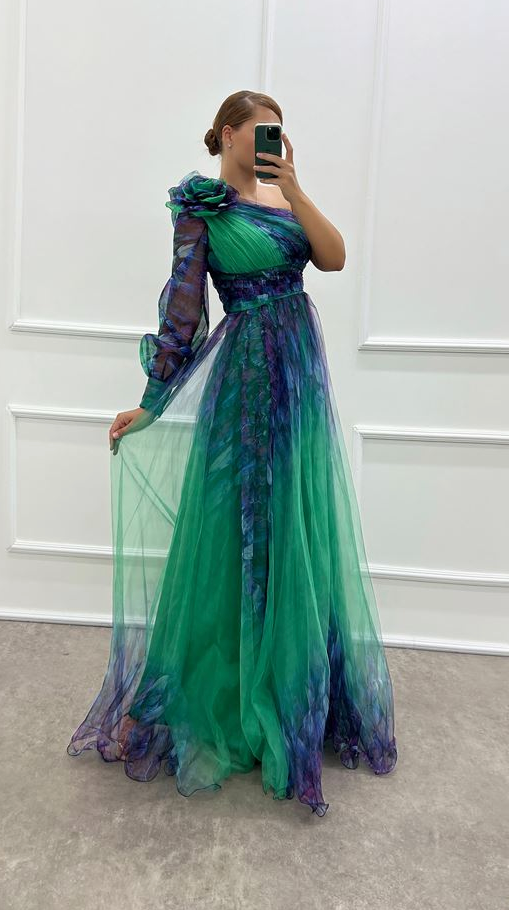 Judith - Trendy One Shoulder Mesh Print Maxi Dress