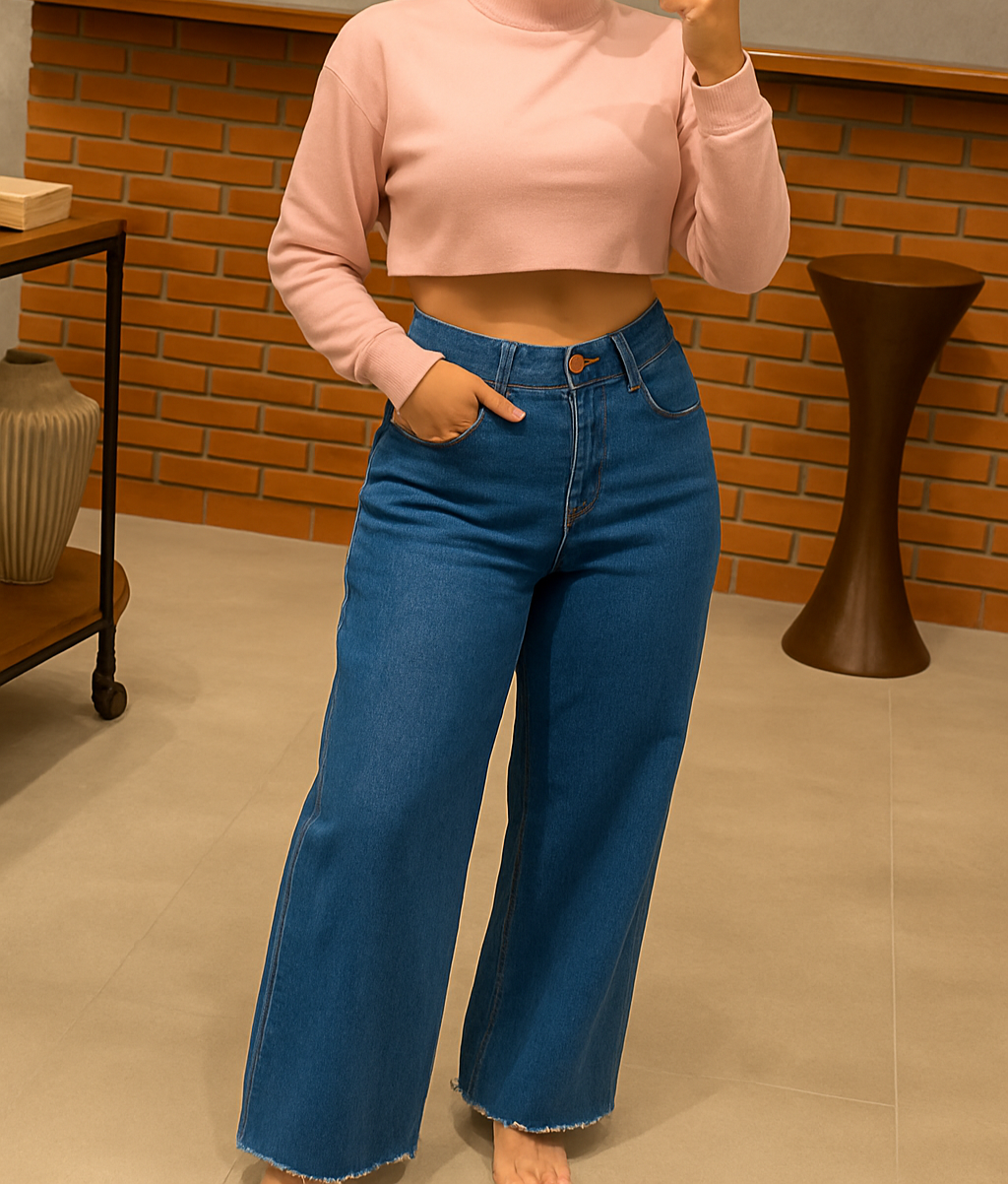 Wide Leg | Cintura Alta Sem Lycra Calça Premium