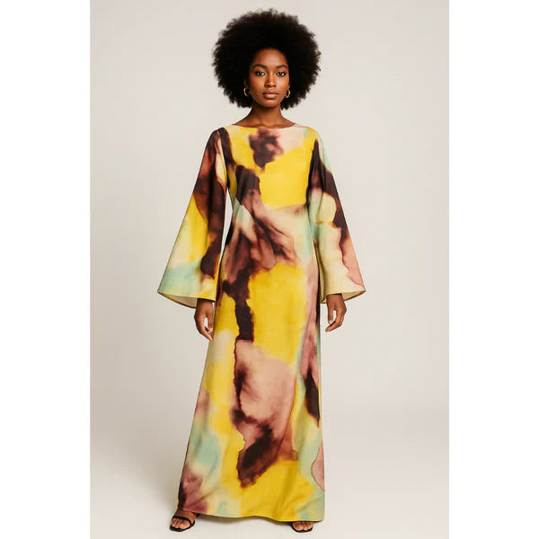 Abstract Watercolor Print Ultra-Long Dress