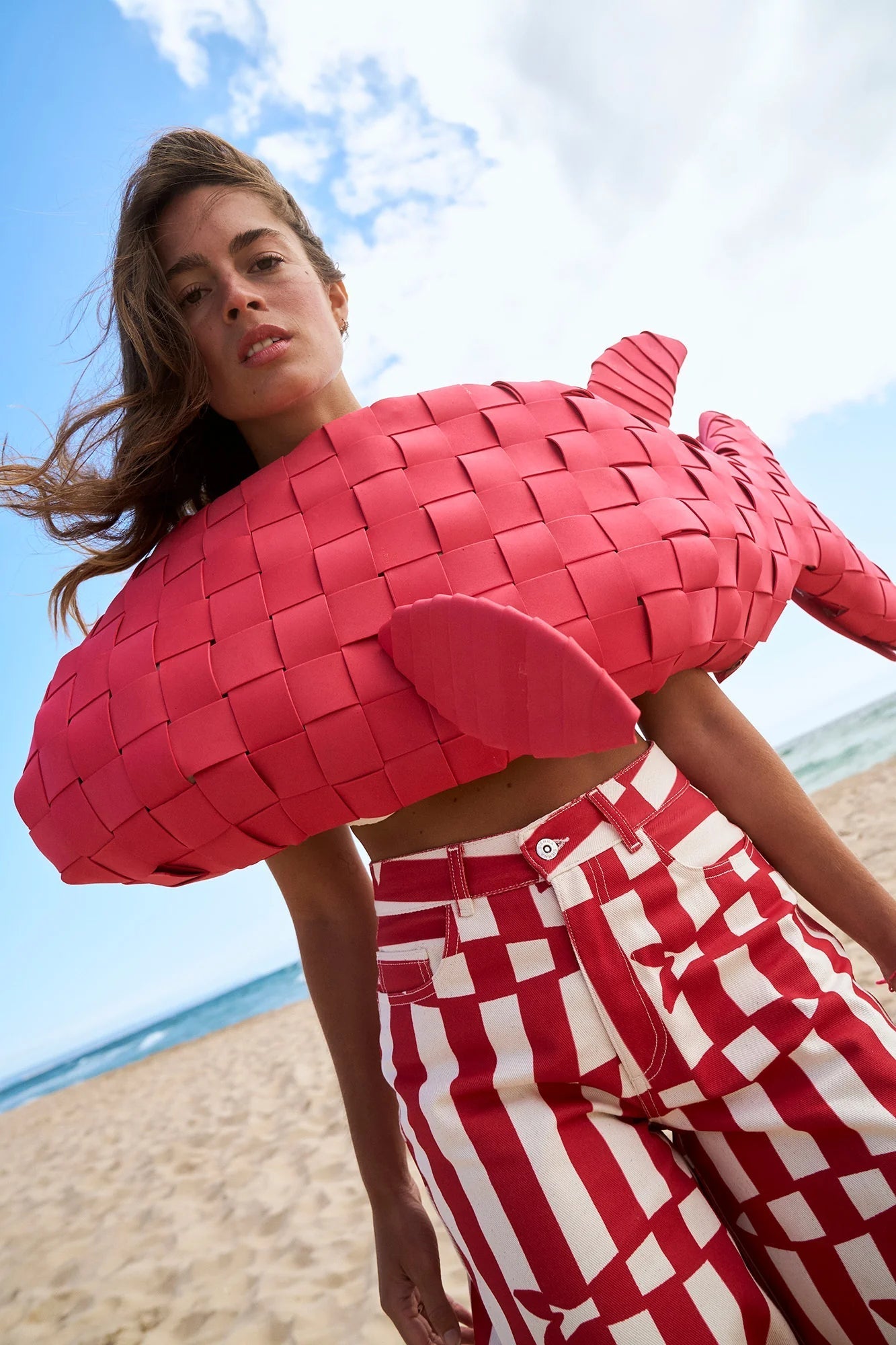 Fish Print Striped Wide Leg Pants