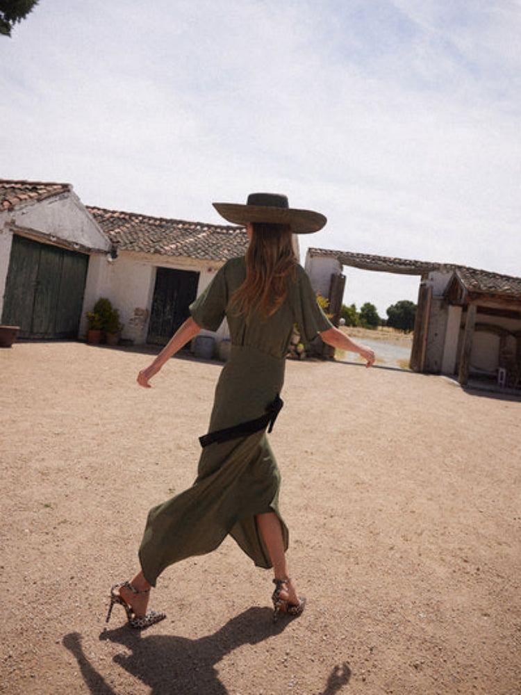 Asymmetric High-Neck Midi Dress