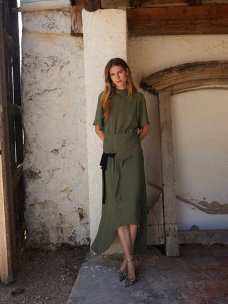 Asymmetric High-Neck Midi Dress