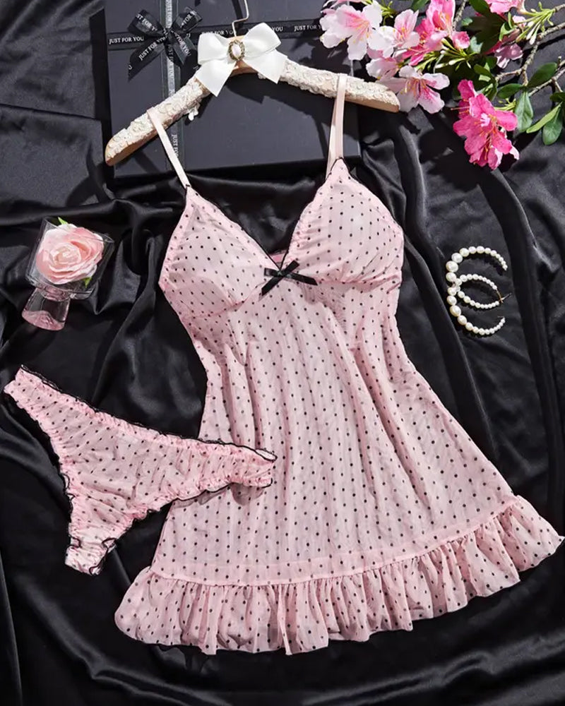 Sexy V-neck Polka Dot Print Semi-transparent Suspender Nightdress Set