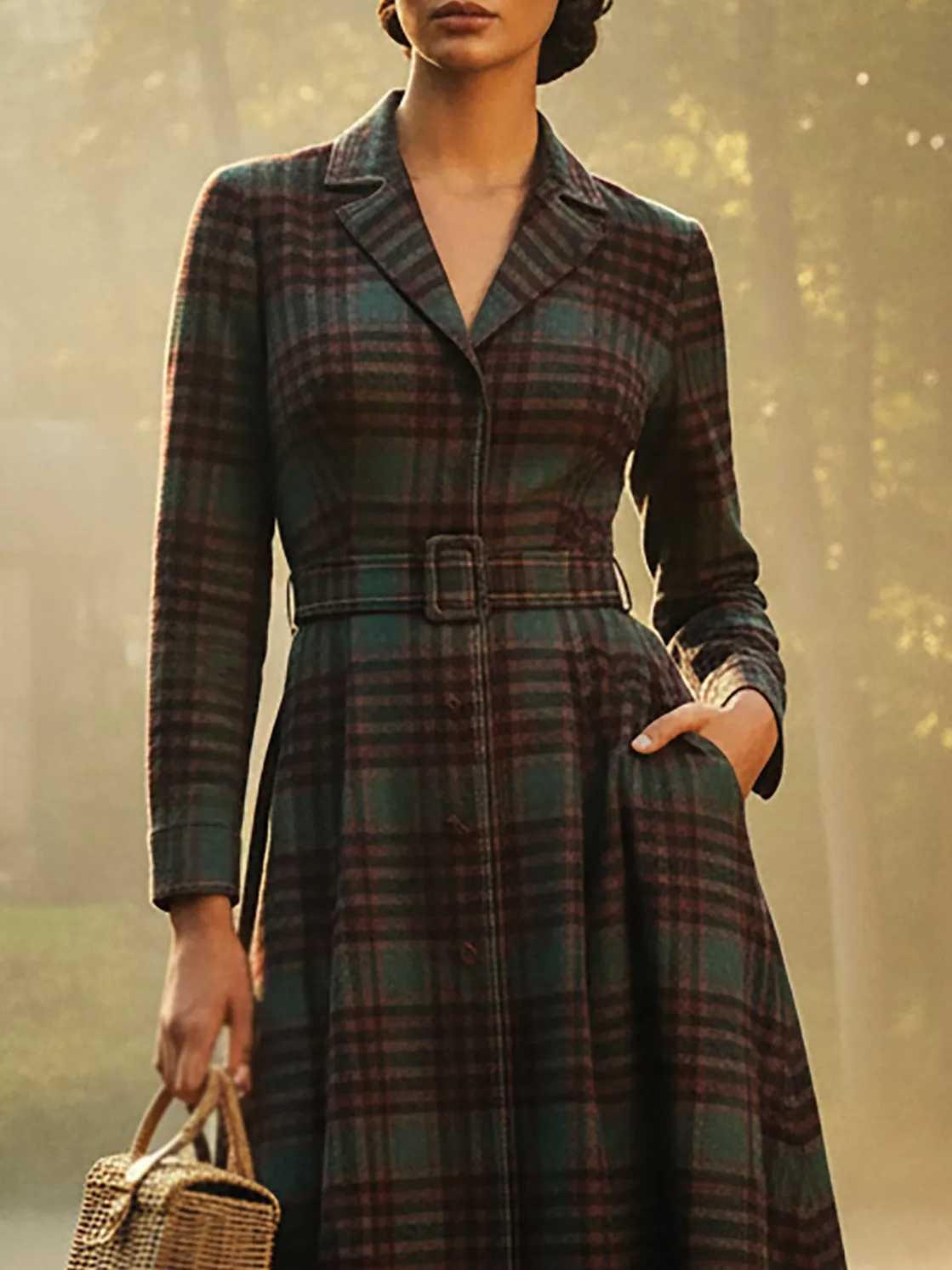 Dark Red And Green Plaid Lapel Vintage Long Dress