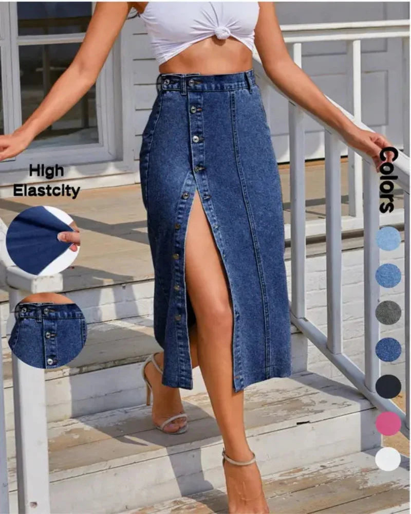 Women's Button Front Denim Skirt, Casual Fashion Skirt for Daily Wear