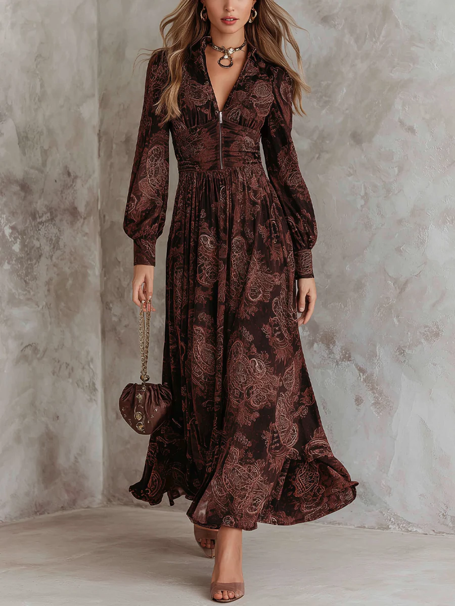 Brown Paisley Zippered Waist Maxi Dress