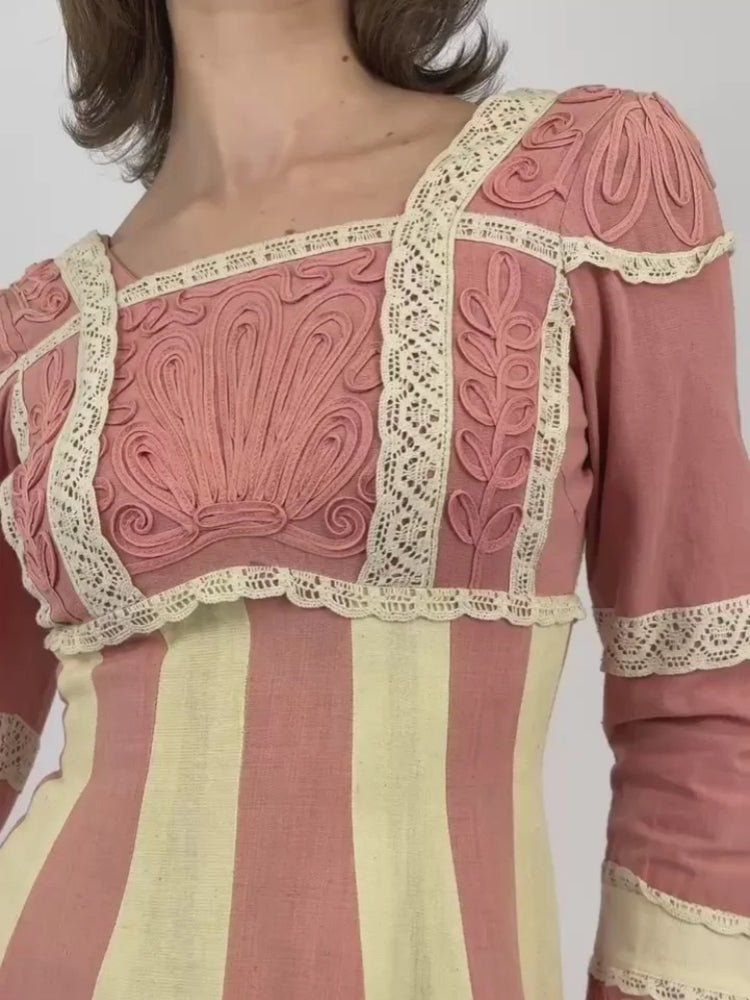 Ribbon Embroidered Stripe Maxi Dress