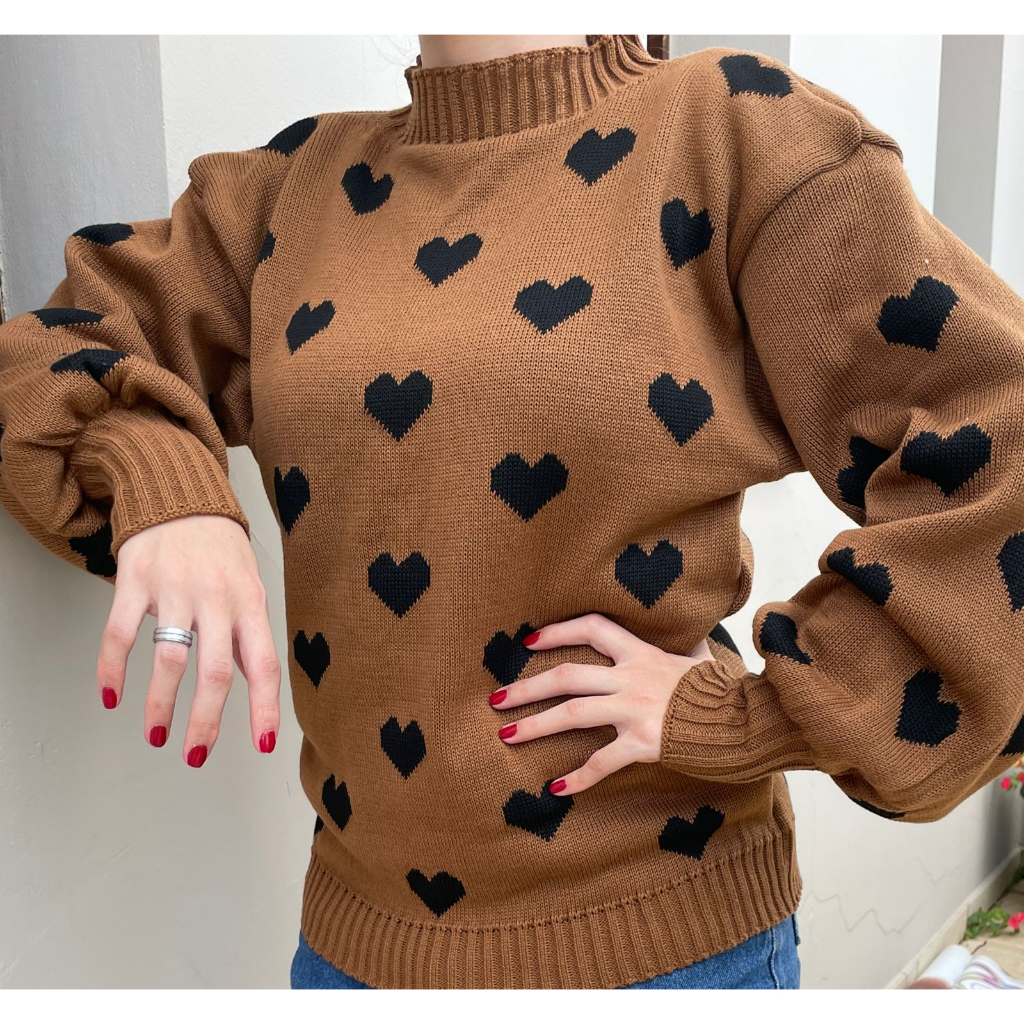 Blusa Frio De Tricot Feminina | Jacard De Coração Moda Inverno