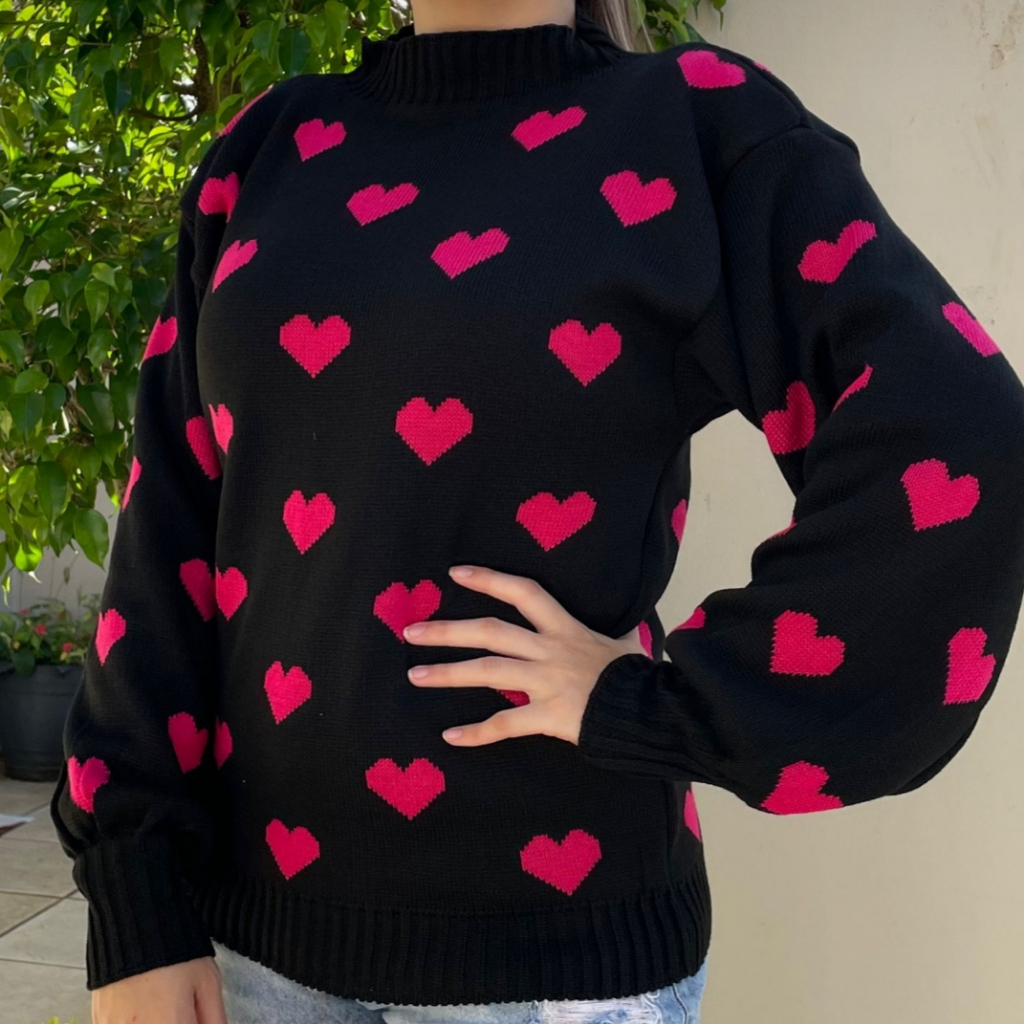 Blusa Frio De Tricot Feminina | Jacard De Coração Moda Inverno