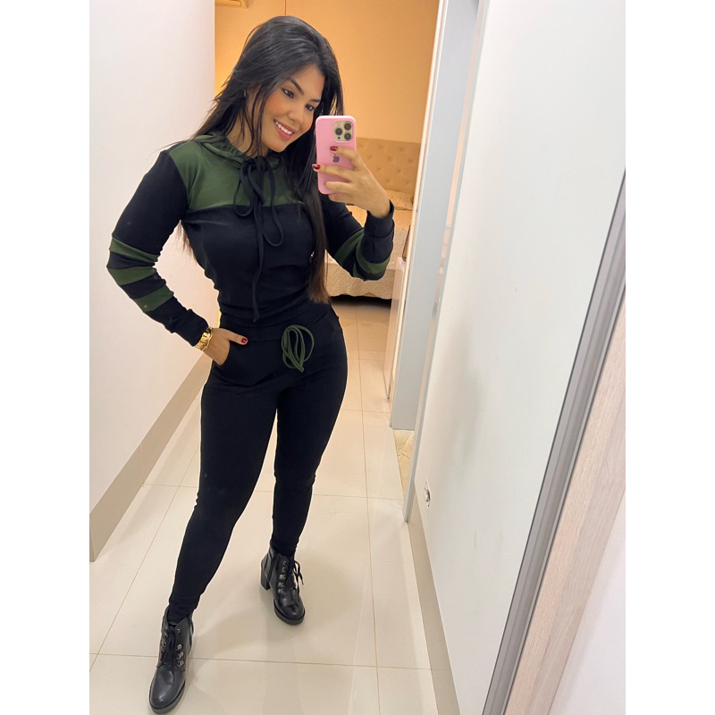 Conjuntos Feminino com Capuz Inverno Agasalho Moda Blogueira Look para o frio