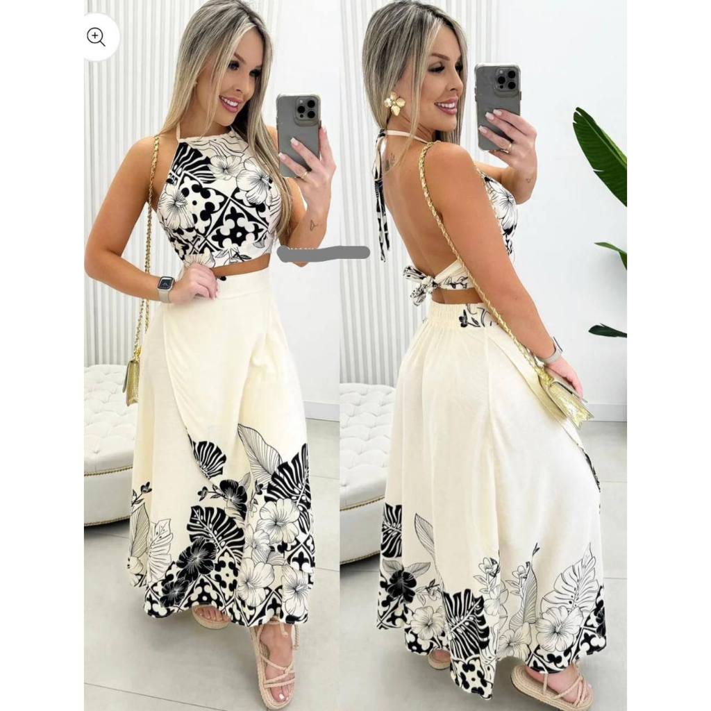 Conjunto Saia e Cropped estampa exclusiva moda verão 2025
