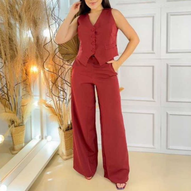 Conjunto Alfaiataria Social | Calça Pantalona Cintura alta, Colete Botões