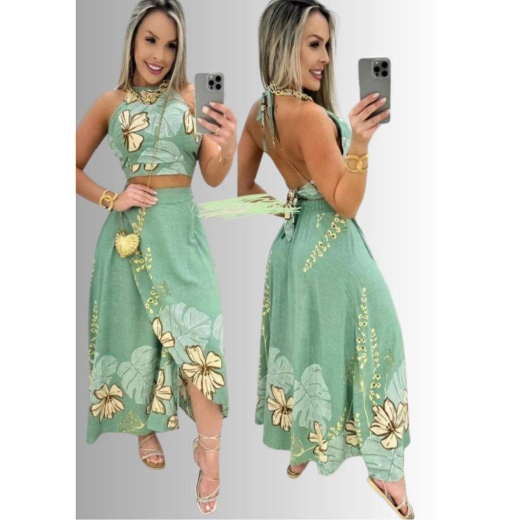 Conjunto Saia Envelope e Croped| Estampa Verão