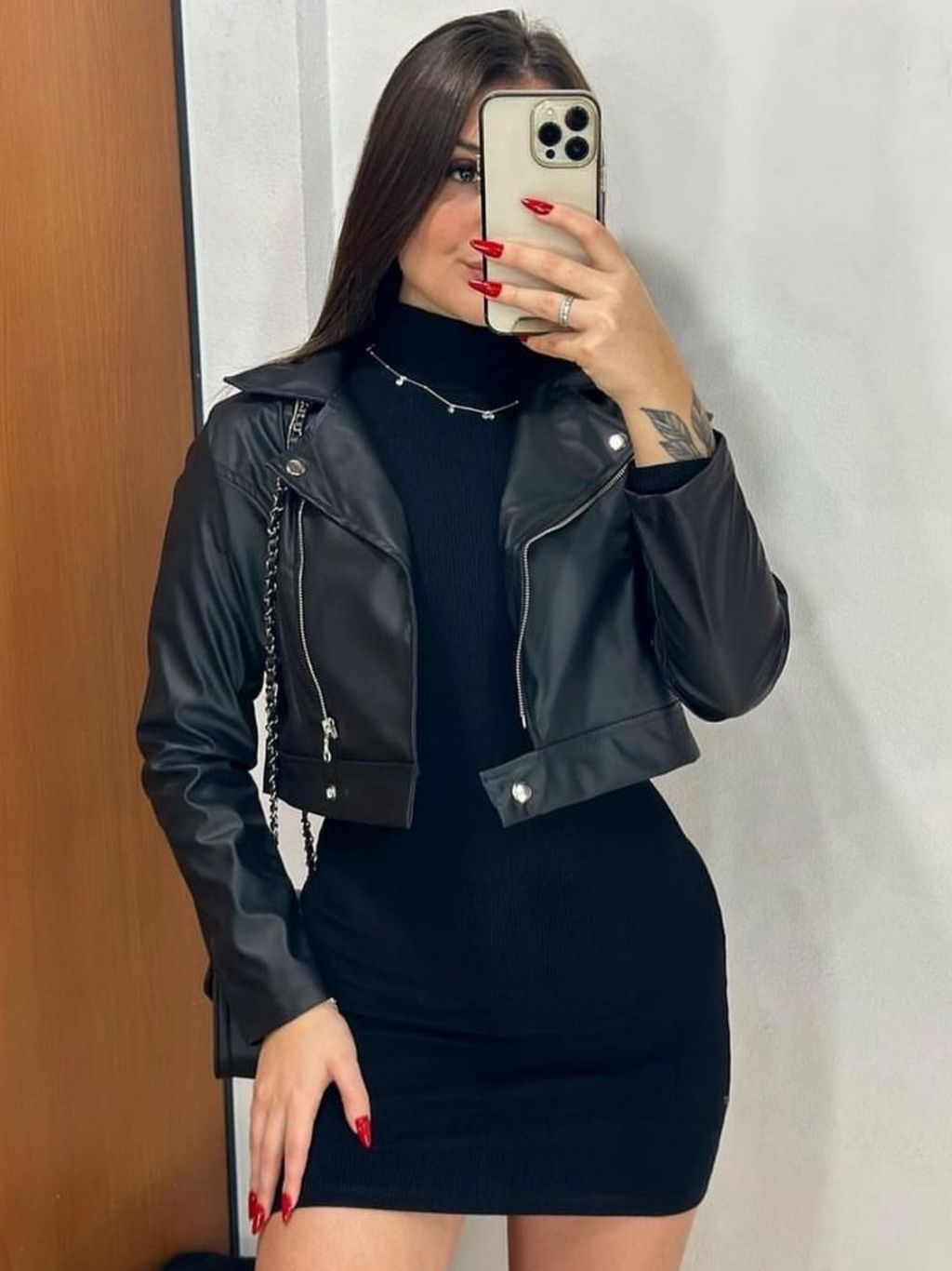 Jaqueta de couro feminina elegante estilosa inverno com barra botão