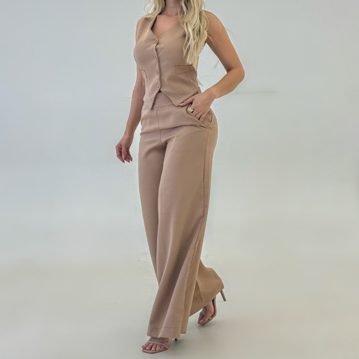 Conjunto Alfaiataria Social | Calça Pantalona Cintura alta, Colete Botões