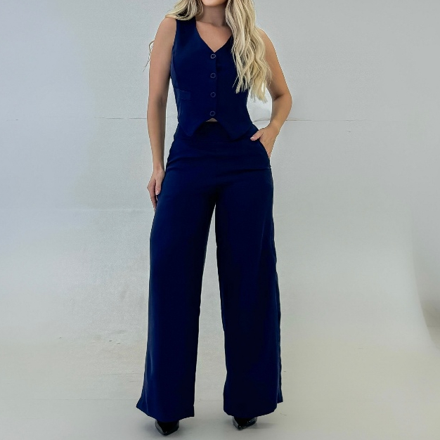 Conjunto Alfaiataria Social | Calça Pantalona Cintura alta, Colete Botões