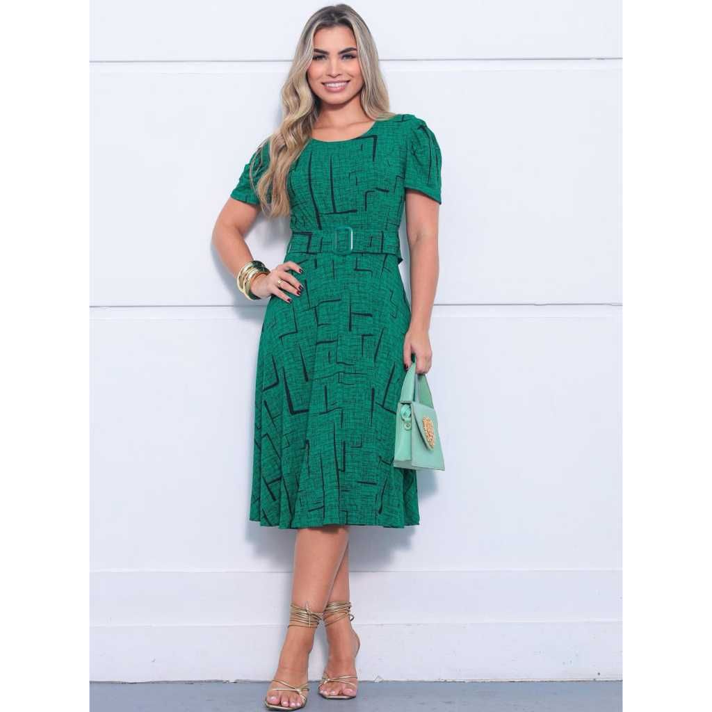 Vestido Midi Evangélico Feminino - Moda Elegante e Tendência 2025 - Manga Bufante, Gola Redonda, Cinto Removível, Confor