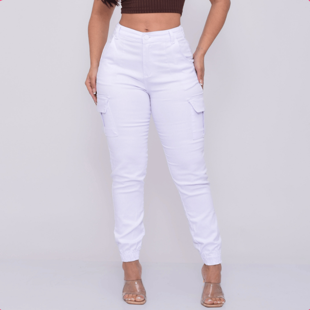 Calça Feminina Cargo Cintura Alta | jogger Sarja Com Elastano