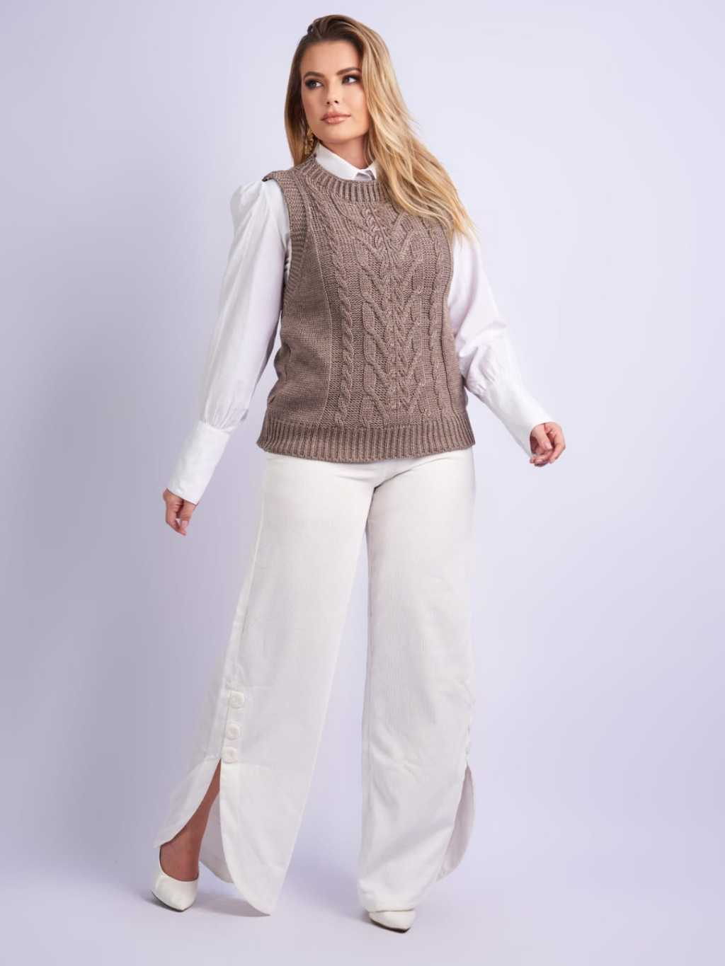 Colete Feminino Tricot com Detalhes de trança, Ponto Fang Elegante Tendência Moda Outono/Inverno