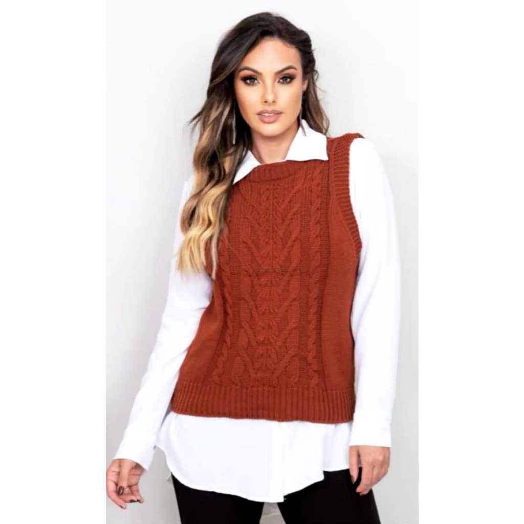 Colete Feminino Tricot com Detalhes de trança| Bella Lã Tricot®