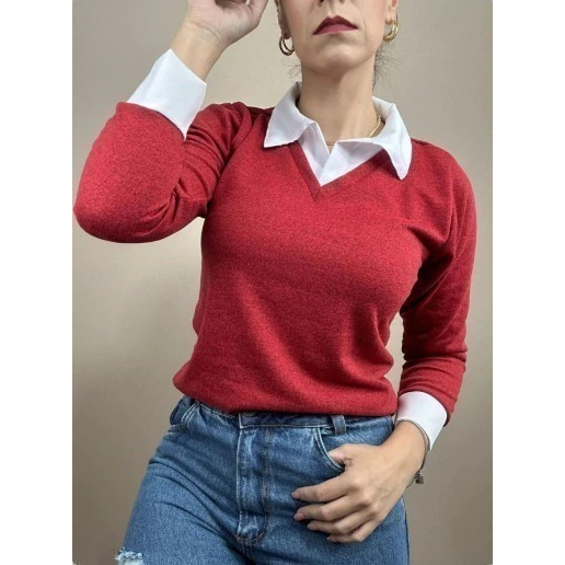 Suéter Feminino Com Composição de Camisa Social