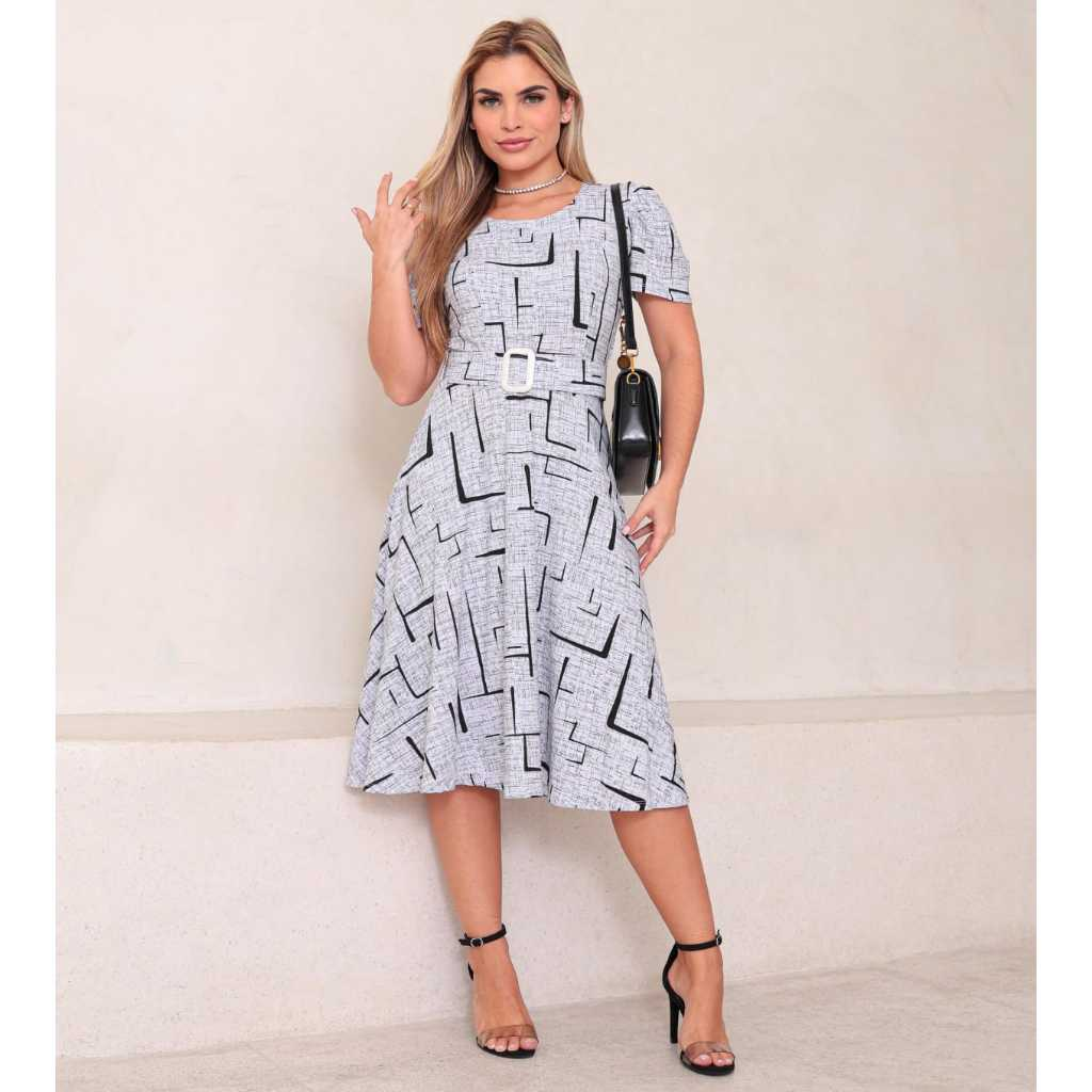 Vestido Midi Evangélico Feminino - Moda Elegante e Tendência 2025 - Manga Bufante, Gola Redonda, Cinto Removível, Confor
