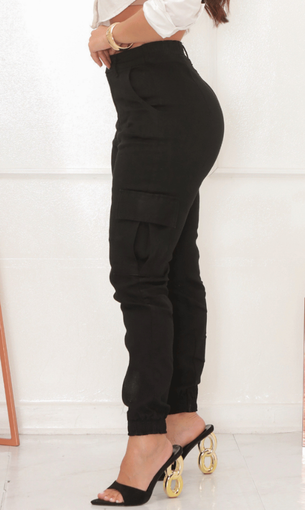 Calça Feminina Cargo Cintura Alta jogger Com Lycra Bege Sarja Com Elastano Tatica