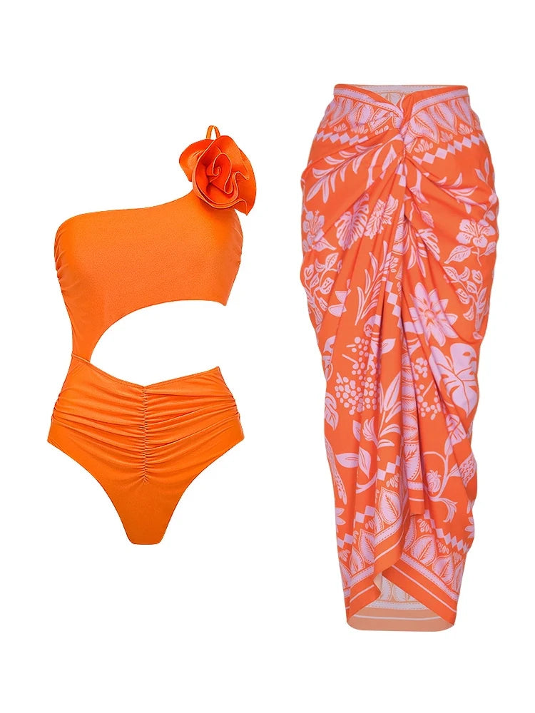 3D Floral Glossy Solid Swimsuit Set
