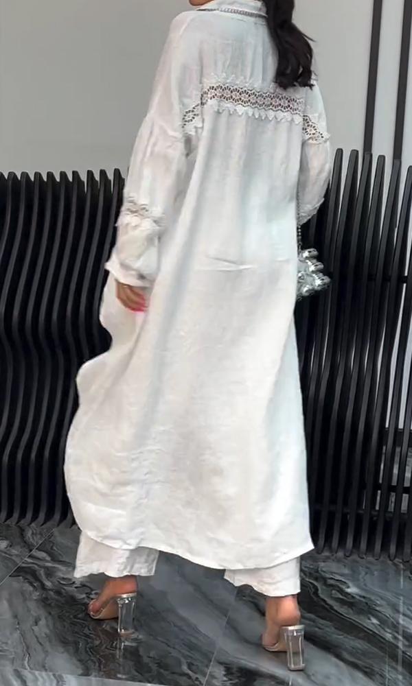 Women's Two-Piece Set of Cutout Back Shirt and Linen Trousers