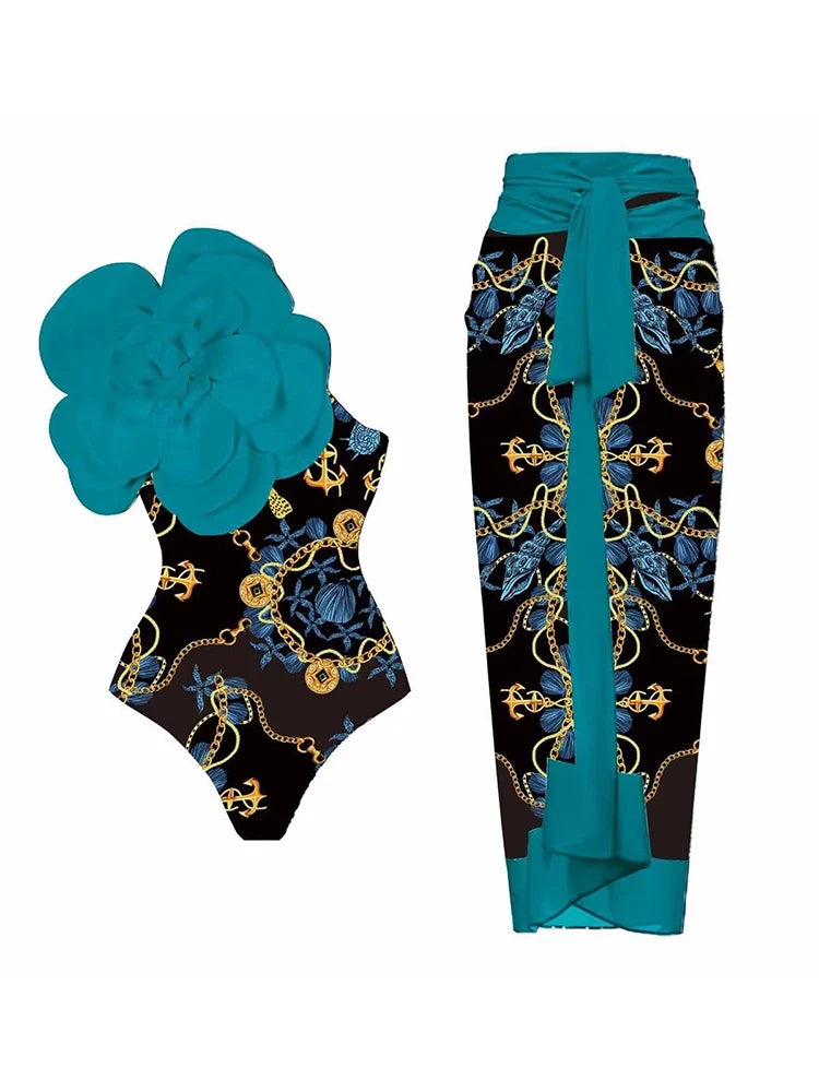 3D Blue Floral Print One-Piece Swimsuit Set