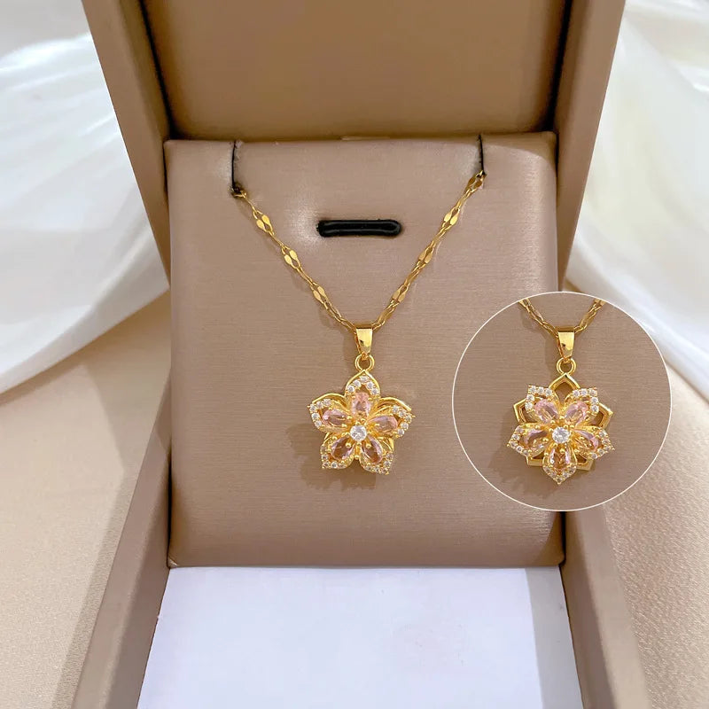 Zirconia-Studded Rose Flower Women's Necklace