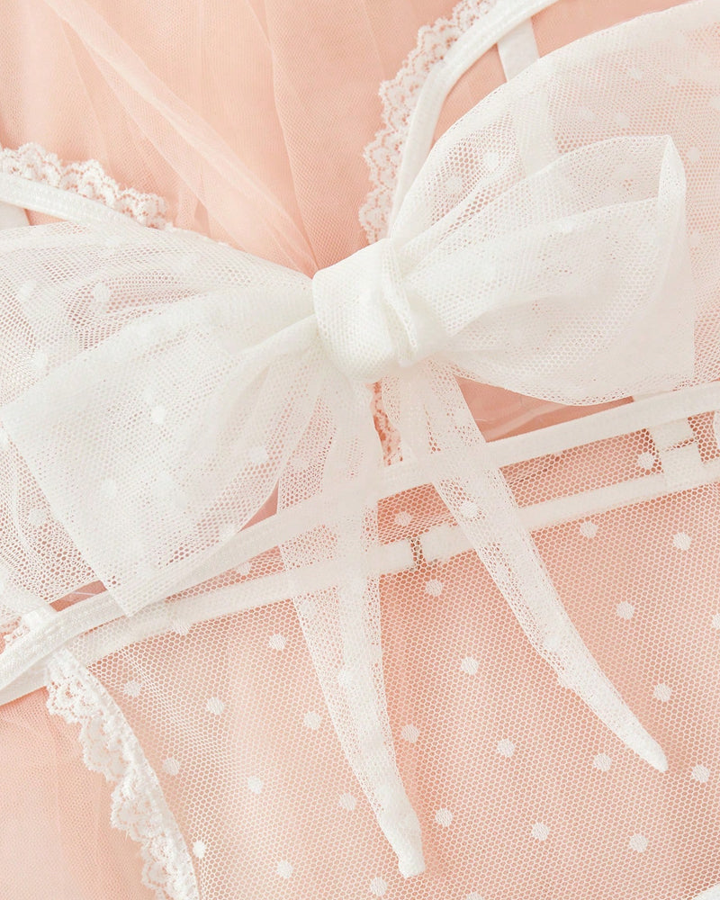 Sexy Floral Lace Bow Tie Open Crotch Hollow Polka Dot Mesh One-Piece Pajamas