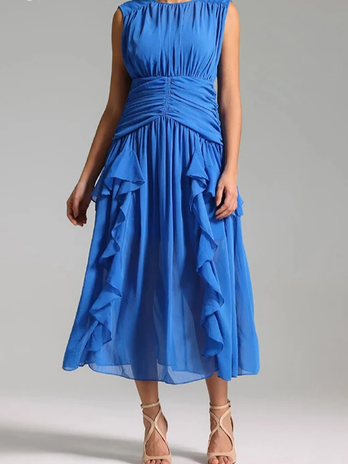 Eileen Pleated Round Neck Ruffle Maxi Dress